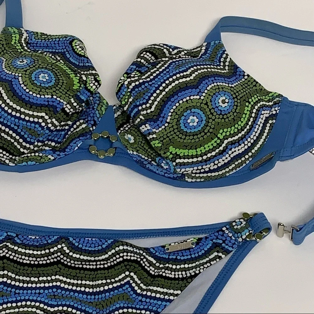 Kris Line Size M Blue Green White Geometric BOHO Bikini Swimsuit